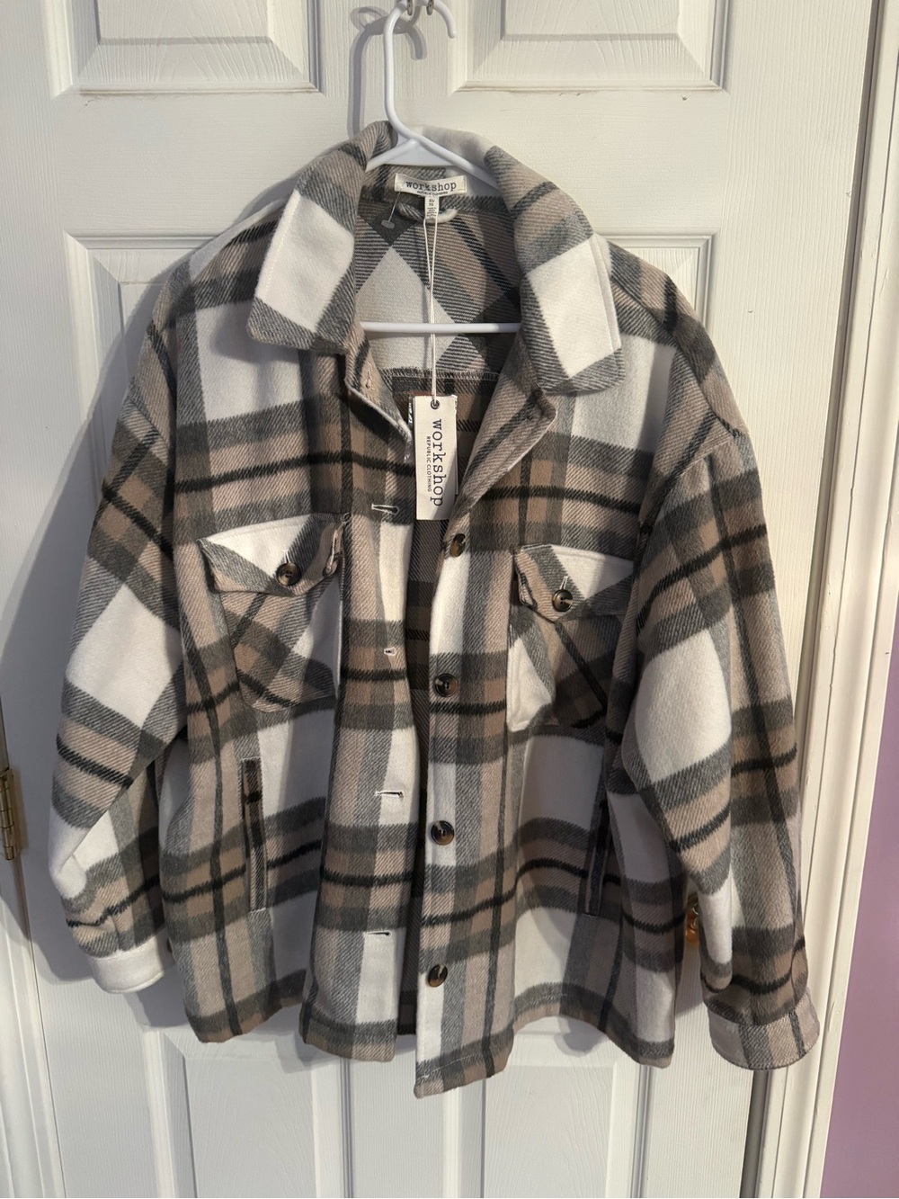 Workshop Republic Clothing Womens Plaid Shacket Jacket in Cream & Brown